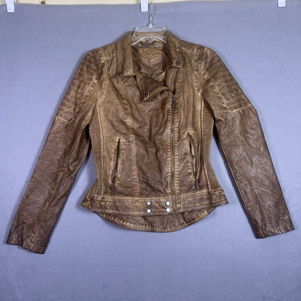JouJou Faux Leather Jacket Womens M Brown Quilted Shoulder Y2K Biker